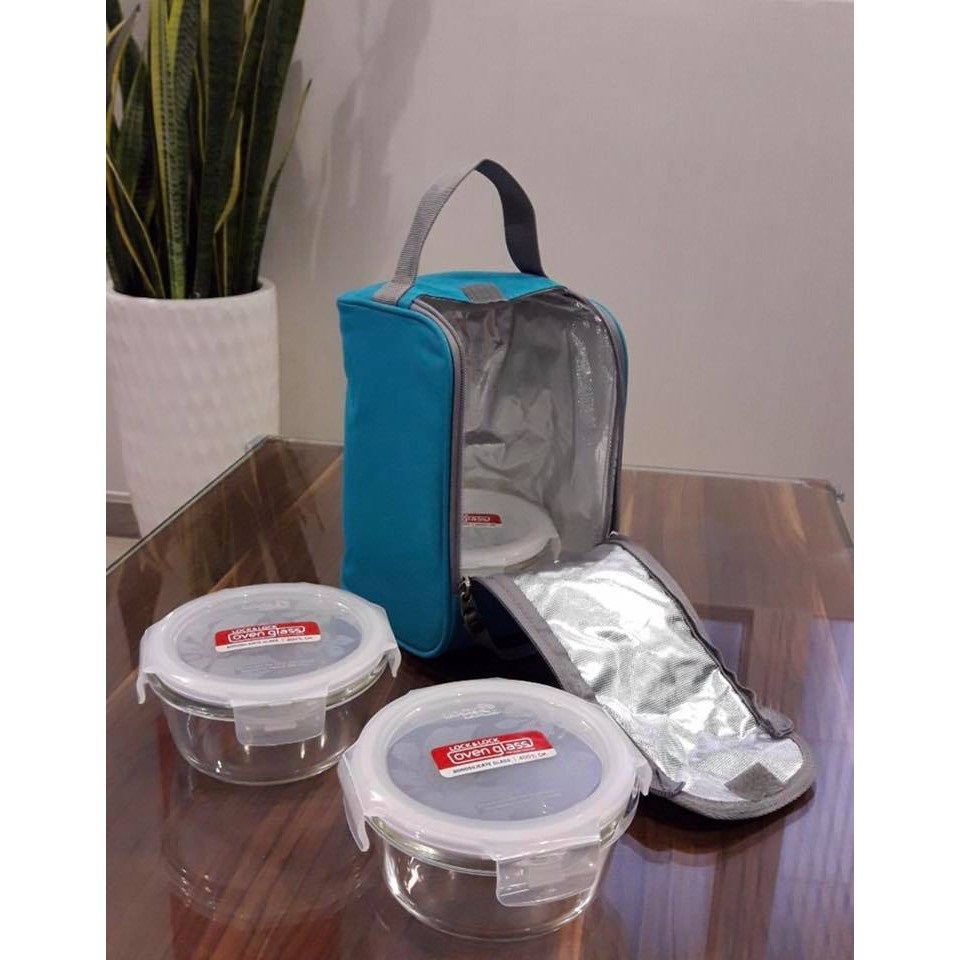 Bộ Túi Hộp Cơm Thủy Tinh Chịu Nhiệt 4EA Lock&Lock LLG821BS3 (380ml/Hộp) - Màu Xanh Dương - Hàng Chính Hãng - JoyMall
