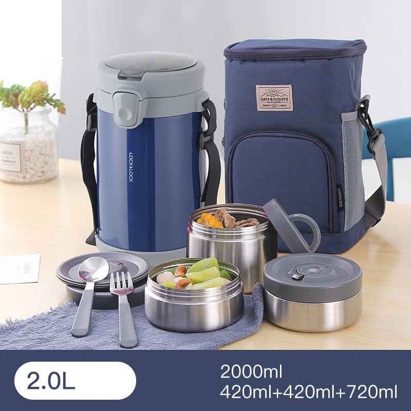 Bộ hộp cơm giữ nhiệt Lock&Lock Easy Carry 2L LHC8039 có túi (1 hộp 720ml, 2 hộp 420ml kèm 1 bộ muỗng nĩa) - JoyMall