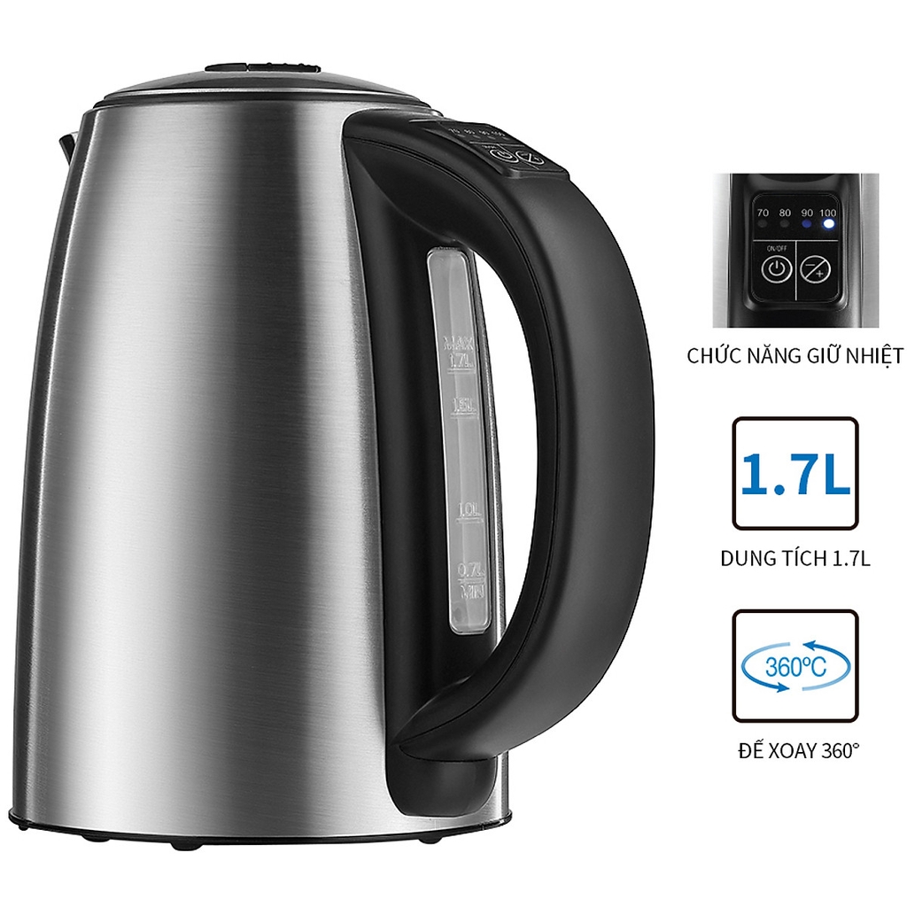 Bình Đun Siêu Tốc LocknLock EJK136SLV 1.7L , Hàng chính hãng ,  Lồng ấm đun bằng thép không gỉ 304 , Đế xoay 360 độ , Có chức năng giữ nhiệt - JoyMall