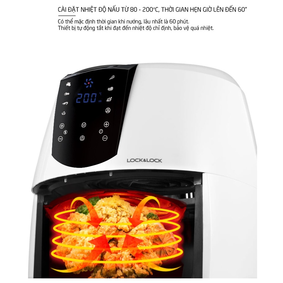 Nồi chiên không dầu Lock&Lock điện tử EJF357 5.2 Lít - Hàng chính hãng, tặng kèm chảo nướng 1,7L - JoyMall