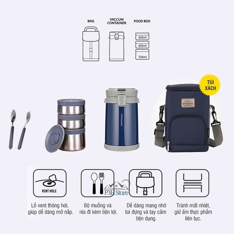 Bộ hộp cơm giữ nhiệt Lock&Lock Easy Carry 2L LHC8039 có túi (1 hộp 720ml, 2 hộp 420ml kèm 1 bộ muỗng nĩa) - JoyMall