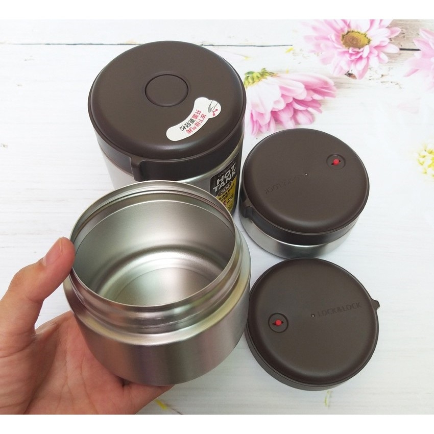 Bộ 3 hộp cơm giữ nhiệt Lock&Lock mushroom LHC8025SLV - Hàng chính hãng, có kèm túi và đôi đũa inox - JoyMall