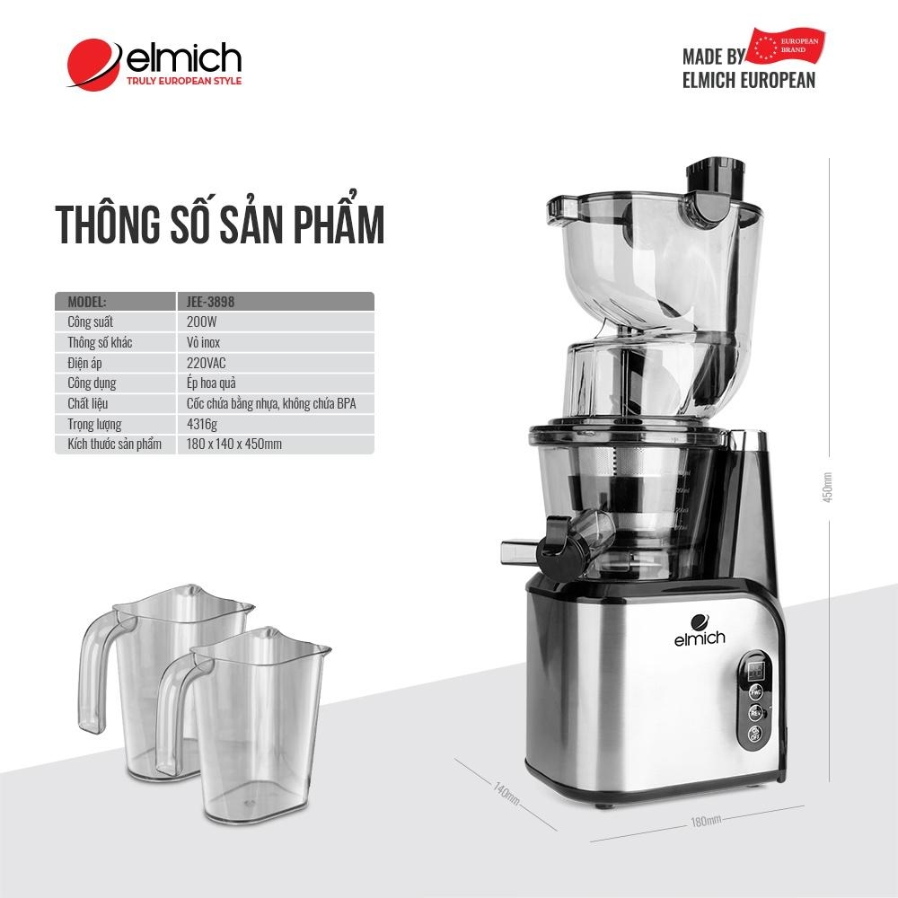 Máy Ép Chậm Trái Cây Elmich JEE-3898, Hàng chính hãng, Độ ồn thấp bé hơn 55dB, Ống Tiếp Nguyên Liệu Lớn 83mm - JoyMall