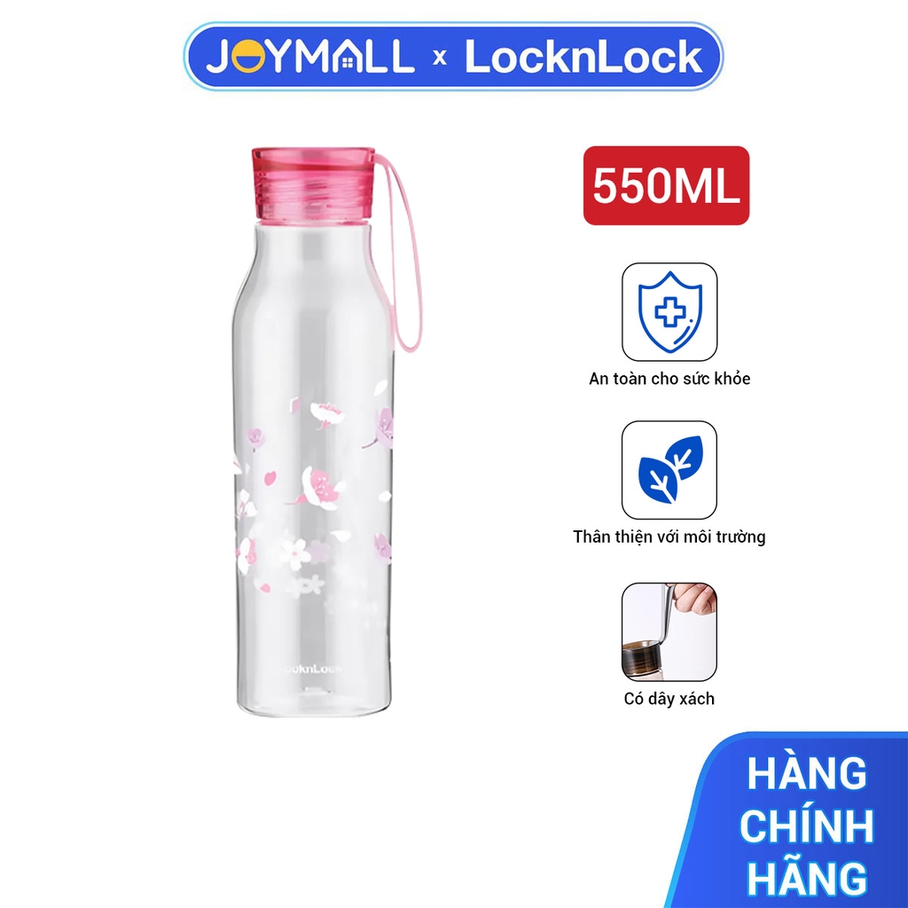 Bình nước nhựa 550ML Eco LocknLock ABF644LPIK Sakura, Hàng chính hãng, anh đào, nắp kèm dây silicone, chống rỉ - JoyMall