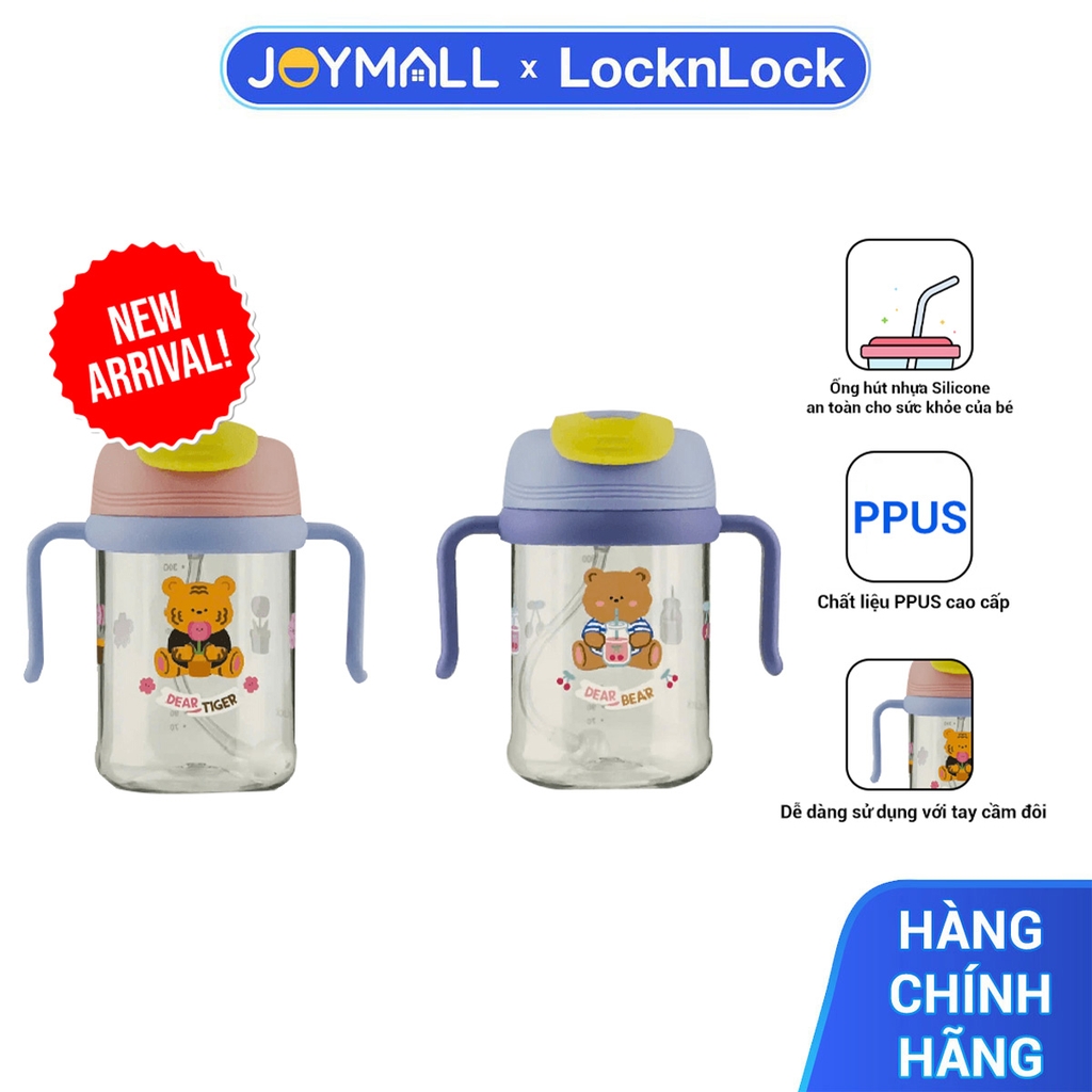 Bình nước nhựa LocknLock 420ml ABF852 Kids Dual, Hàng chính hãng, tay cầm đôi, họa tiết dễ thương kèm ống hút - JoyMall