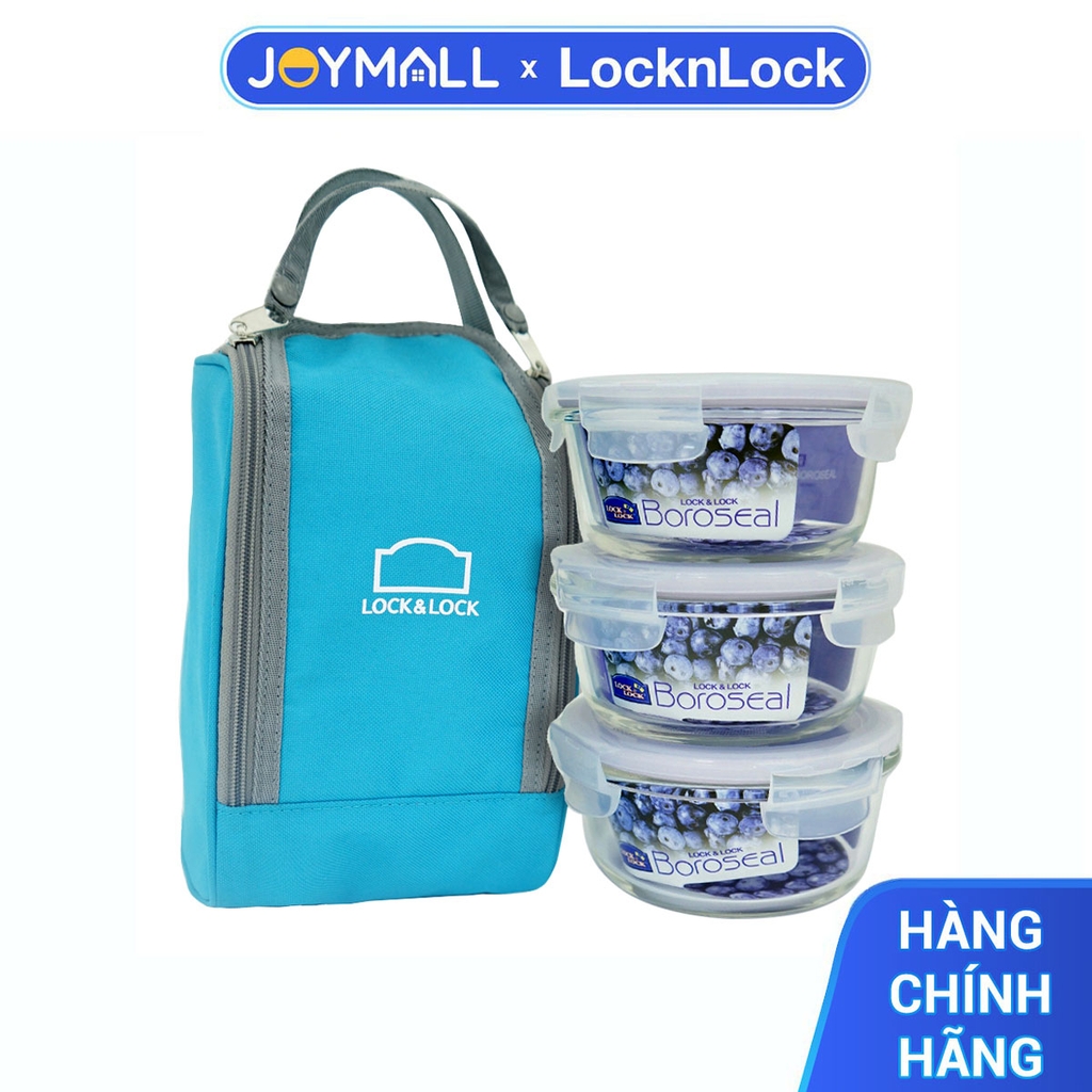 Bộ Túi Hộp Cơm Thủy Tinh Chịu Nhiệt 4EA Lock&Lock LLG821BS3 (380ml/Hộp) - Màu Xanh Dương - Hàng Chính Hãng - JoyMall