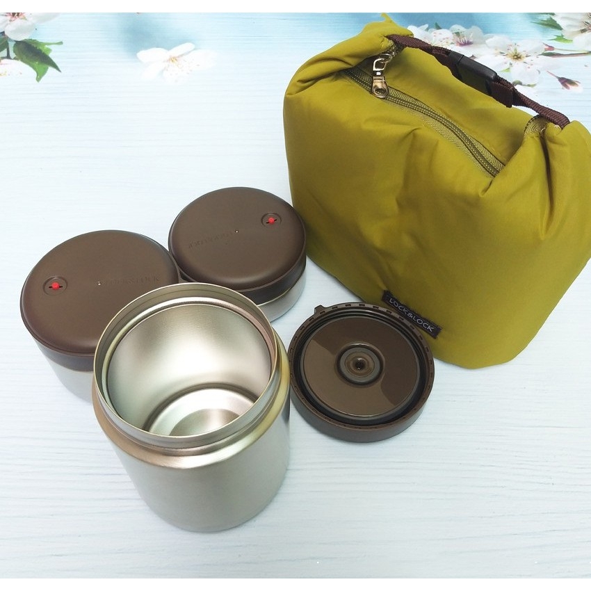Bộ 3 hộp cơm giữ nhiệt Lock&Lock mushroom LHC8025SLV - Hàng chính hãng, có kèm túi và đôi đũa inox - JoyMall