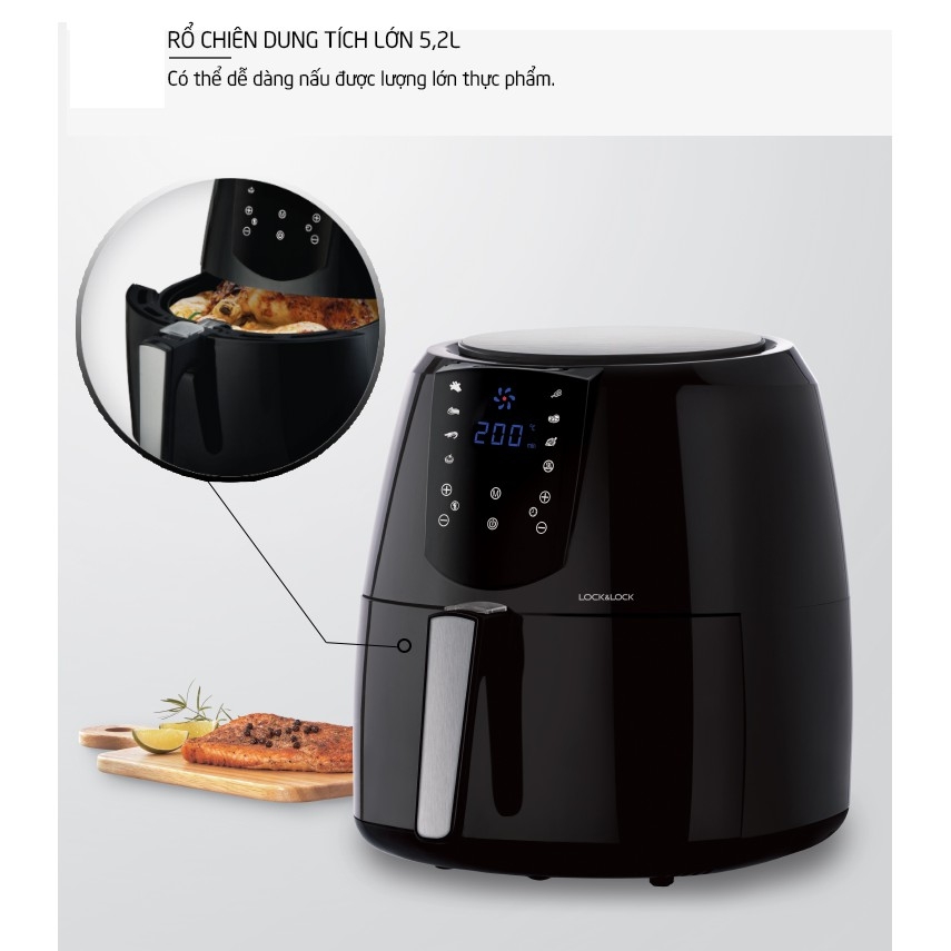 Nồi chiên không dầu Lock&Lock điện tử EJF357 5.2 Lít - Hàng chính hãng, tặng kèm chảo nướng 1,7L - JoyMall