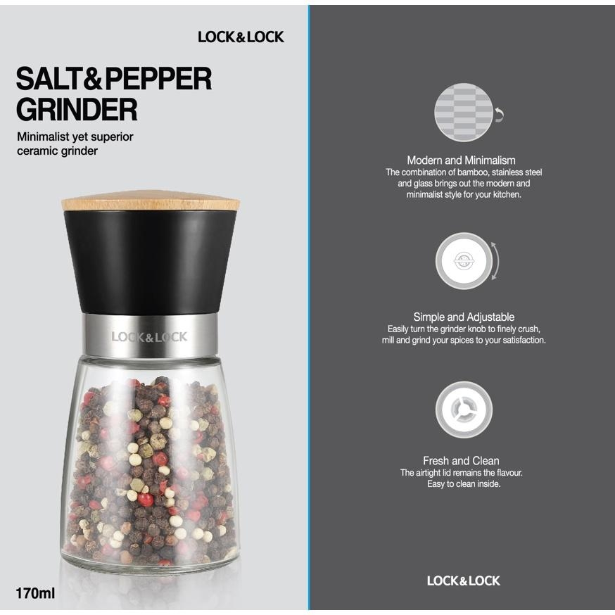 Hũ xay tiêu thủy tinh Lock&Lock màu đen 170ml CKO116BLK, Hàng chính hãng, lưỡi nghiền sứ, thép không gỉ, 2 chế độ xay  - JoyMall