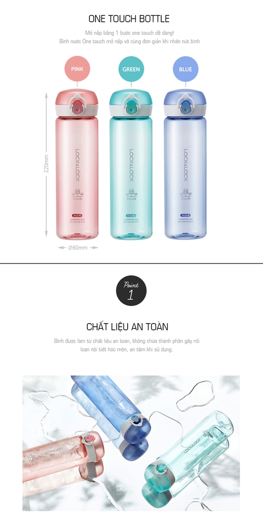 Bình Nước Nhựa Tritan Lock&Lock One Touch ABF645 (550ml) - Hàng Chính Hãng, Chất Liệu An Toàn, BPA Free, Mở Nắp Dễ Dàng Chỉ Bằng Cách Nhấn Nút Bình
