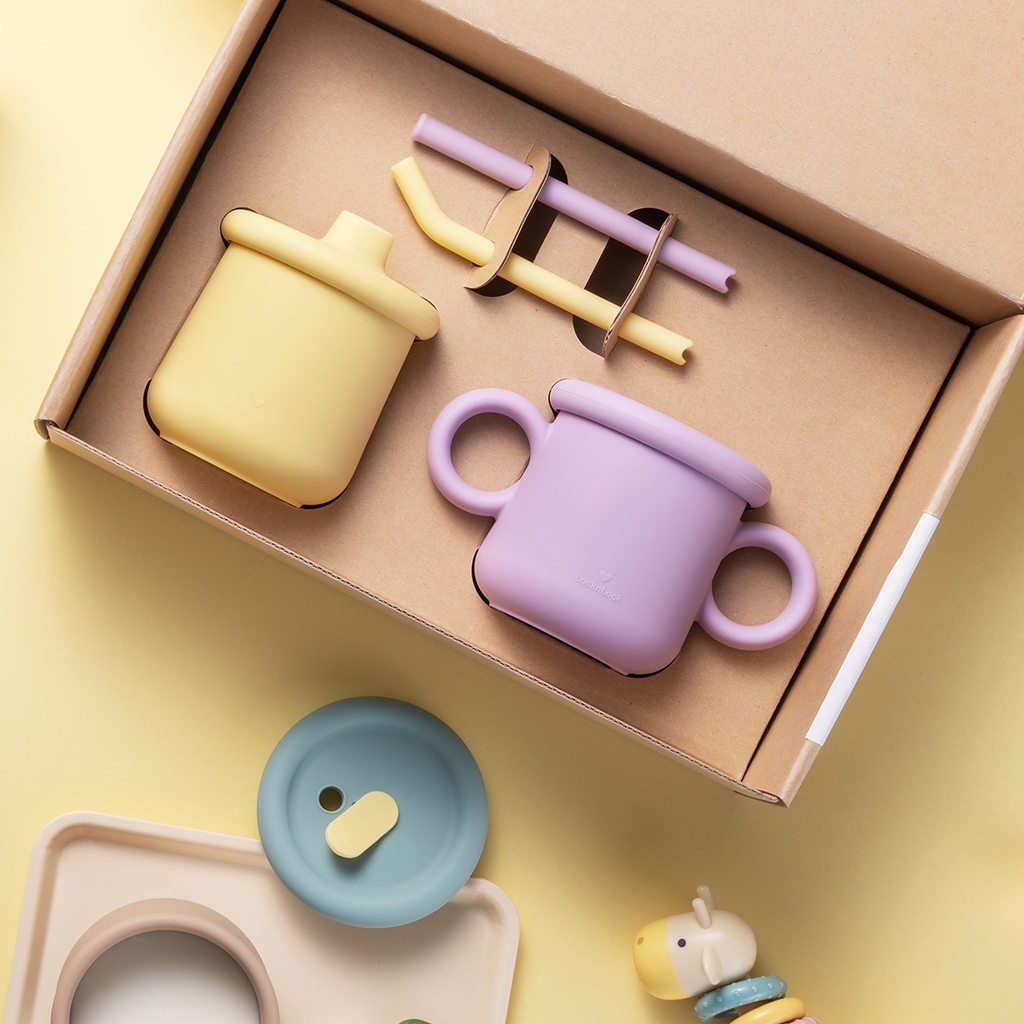 Bộ ly cốc cho bé Lock&Lock 200ml Little Luv Silicone Straw Cup LBB015S7 - Hàng chính hãng có quai cầm và ống hút - JoyMall