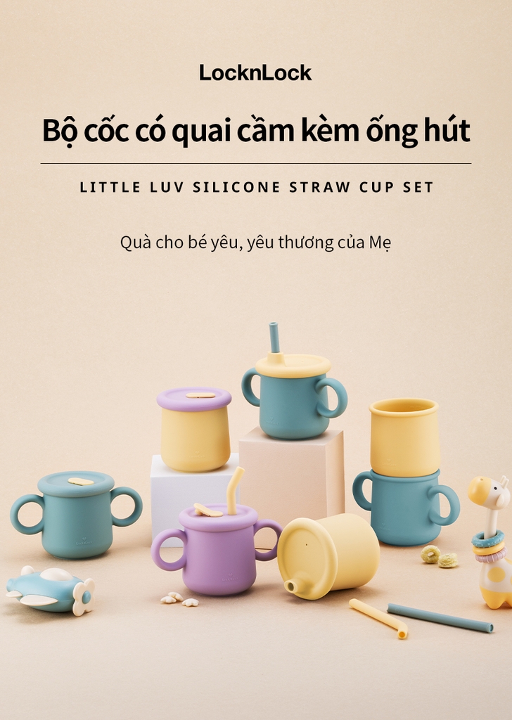 Bộ ly cốc cho bé Lock&Lock 200ml Little Luv Silicone Straw Cup LBB015S7 - Hàng chính hãng có quai cầm và ống hút - JoyMall