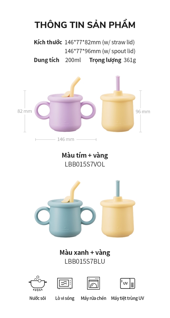 Bộ ly cốc cho bé Lock&Lock 200ml Little Luv Silicone Straw Cup LBB015S7 - Hàng chính hãng có quai cầm và ống hút - JoyMall