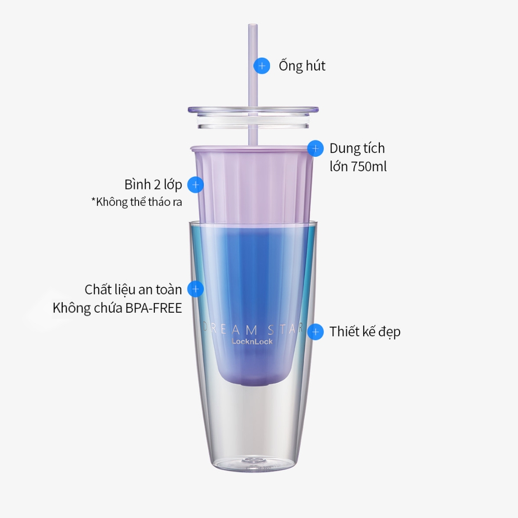 Ly nhựa LocknLock 2 lớp 750ml HAP522 - Hàng chính hãng kèm ống hút cọ rửa, cách nhiệt tốt, miệng rộng - JoyMall