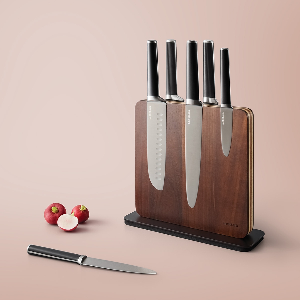CKK804 - Bộ dao 7 món LocknLock gồm 6 dao, 1 khối đỡ dao nam châm bằng gỗ - Màu nâu-CN-2-STS-Color box-Single