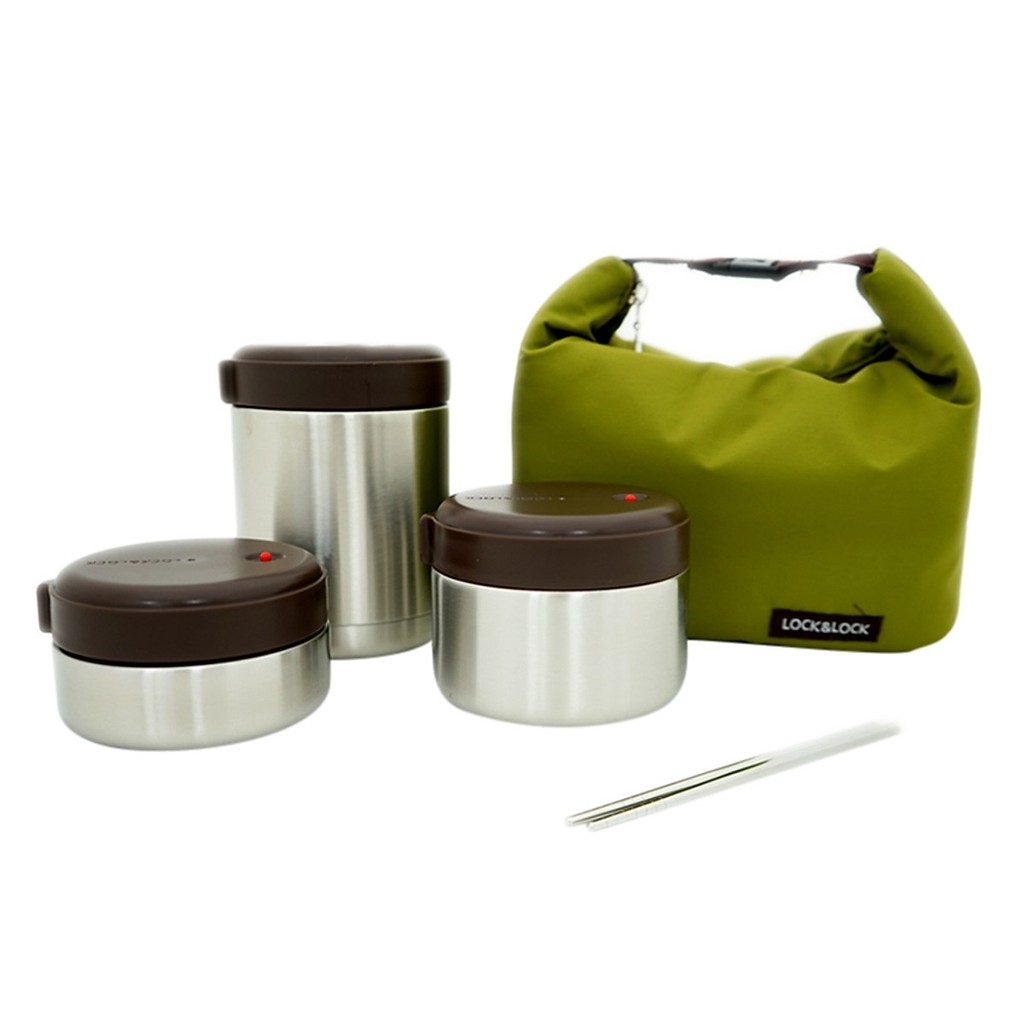 Bộ 3 hộp cơm giữ nhiệt Lock&Lock mushroom LHC8025SLV - Hàng chính hãng, có kèm túi và đôi đũa inox - JoyMall