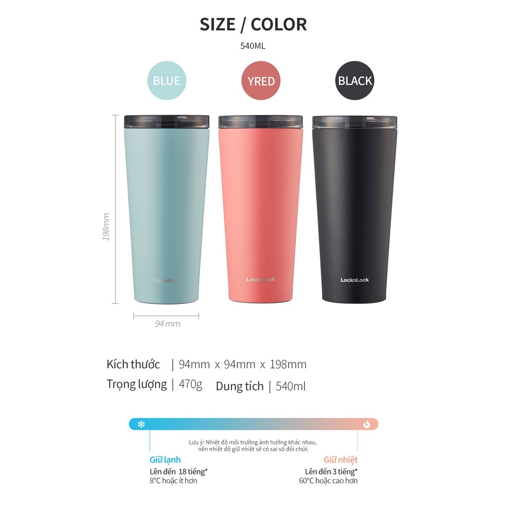 Ly giữ nhiệt LocknLock 540ml LHC4279 - Hàng chính hãng có 2 nắp tiện lợi, đế silicone - JoyMall