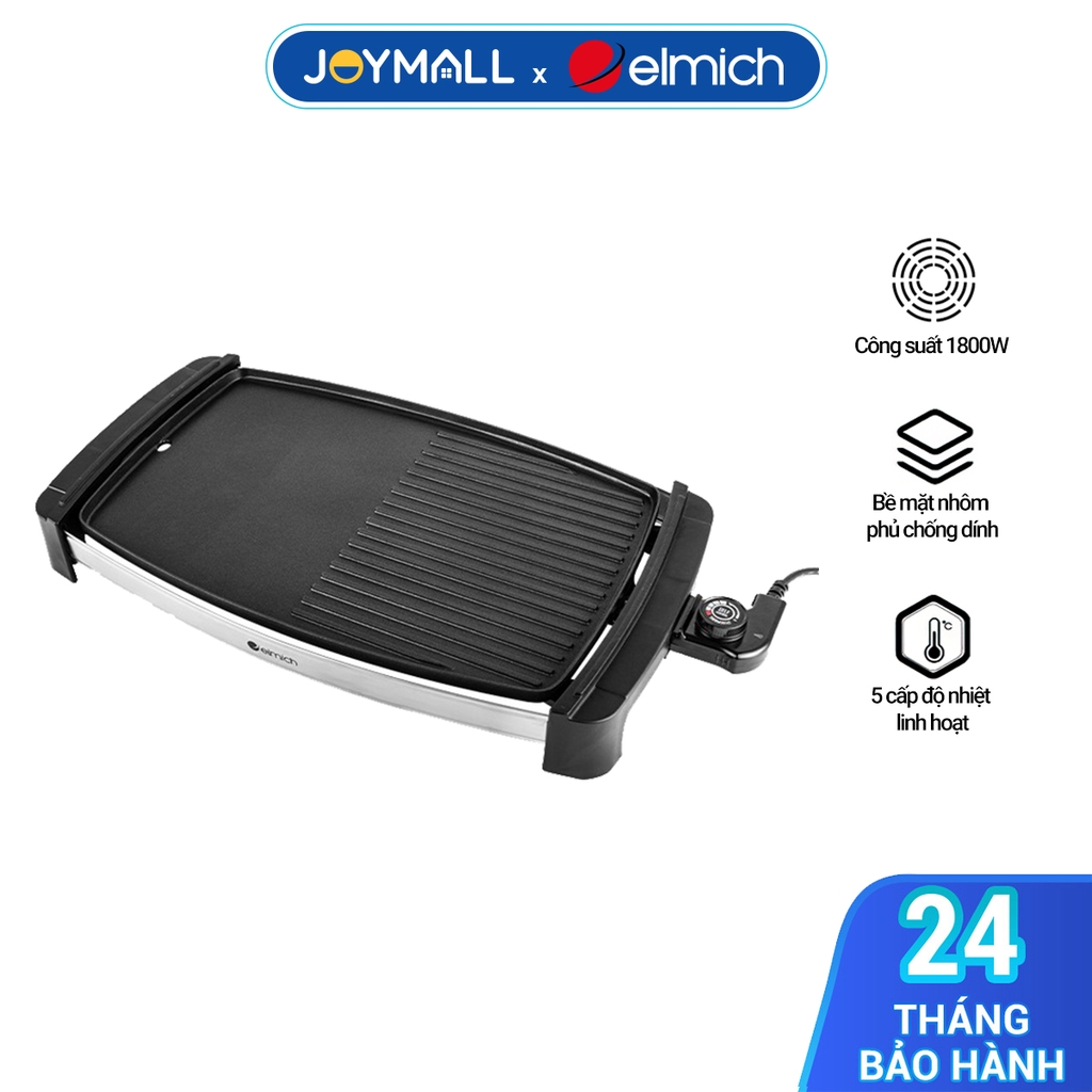 Vỉ nướng điện cao cấp Elmich EGE-3641OL, Hàng chính hãng, 1800W, 5 cấp độ nhiệt, Nhôm phủ sơn chống dính - JoyMall
