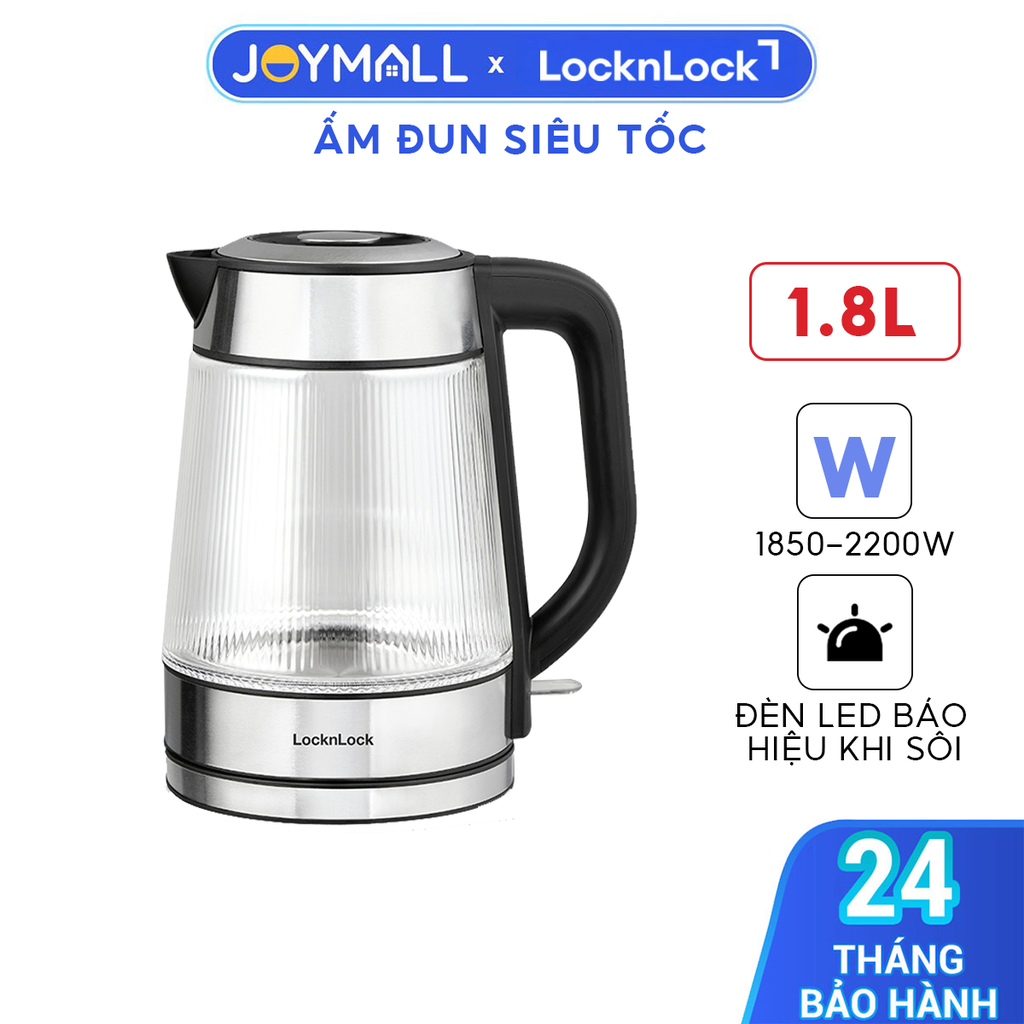 Ấm đun siêu tốc Locknlock Glass electric kettle 220-240V, 50-60Hz, 1850-2200W, 1.8L EJK256BLK - Màu đen