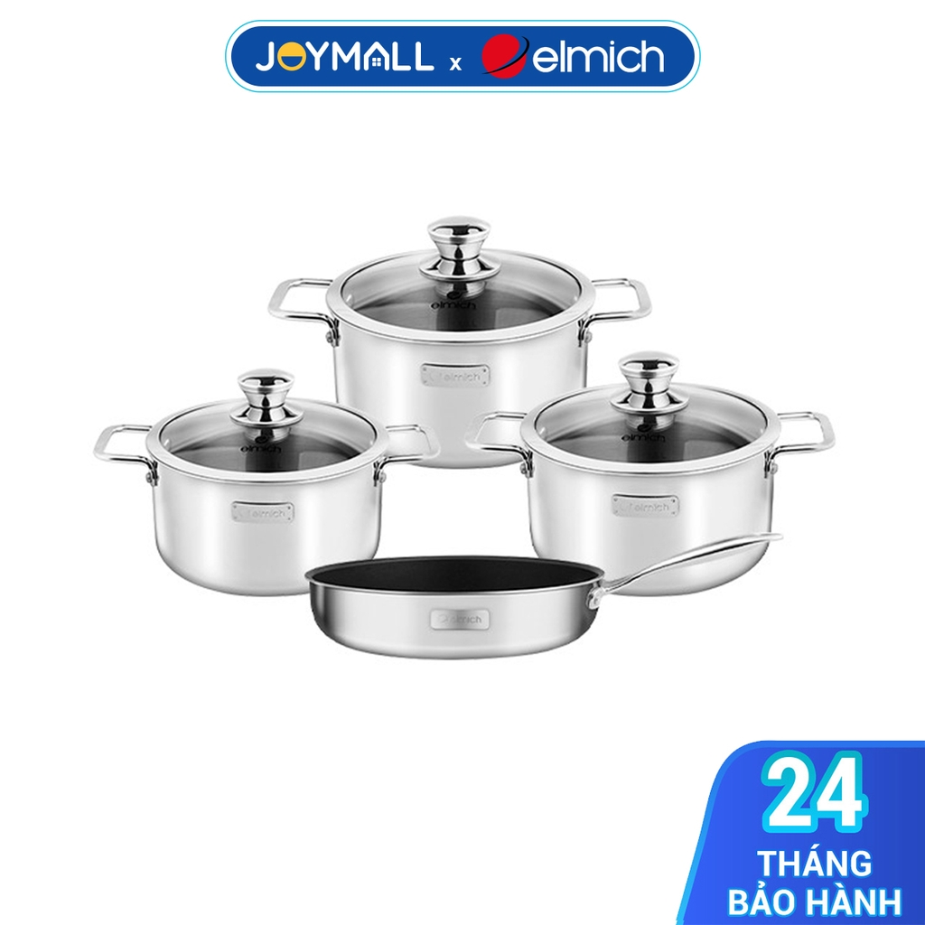 Bộ 4 nồi chảo Inox đáy từ cao cấp 3 đáy Elmich Trimax Classic EL-2110OL 18,20,24cm, chảo 26cm, Hàng chính hãng - JoyMall