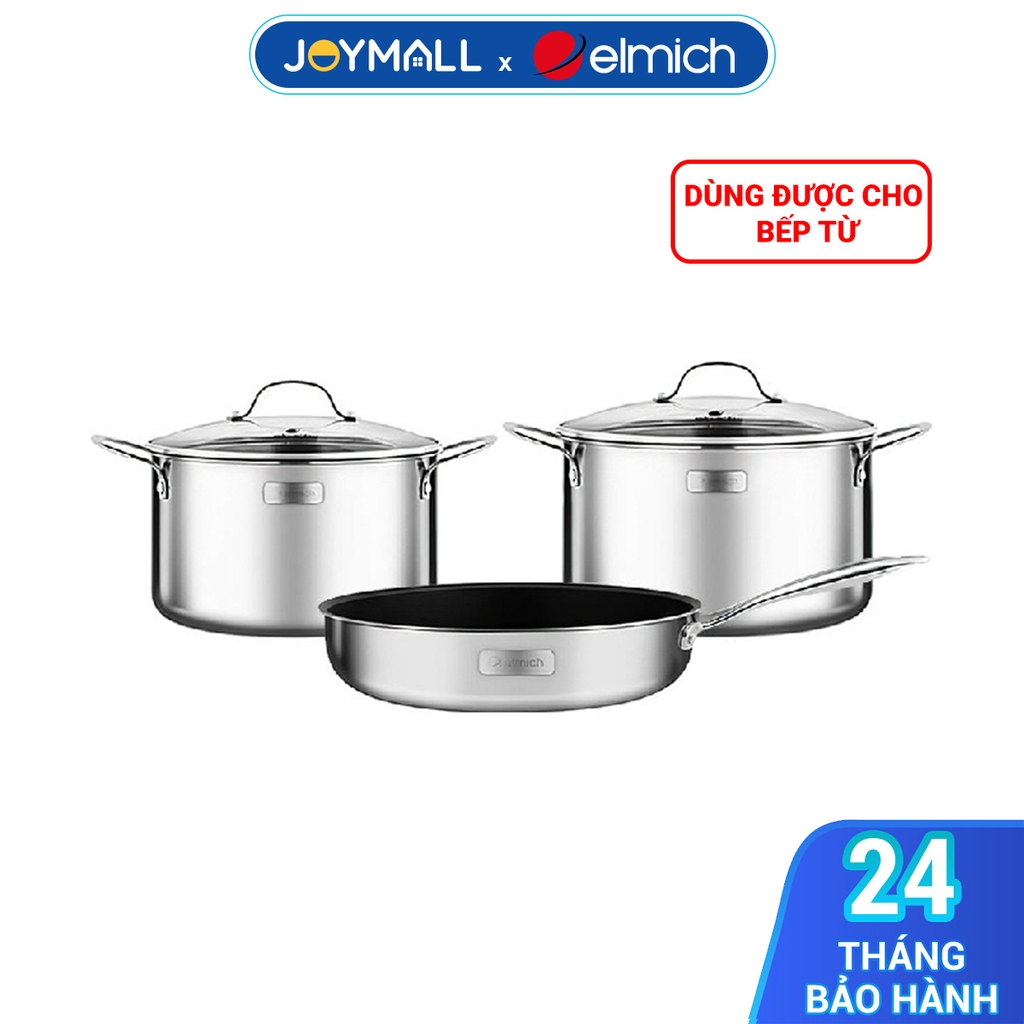 Bộ nồi chảo Inox 304 cao cấp 3 đáy liền nguyên khối Elmich Trimax Classic EL-2113OL Size 18, 20 chảo