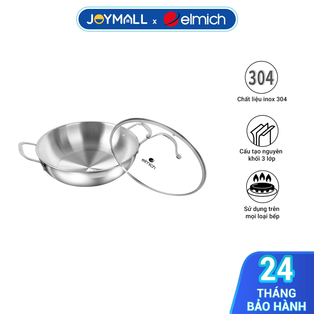 Chảo xào inox cao cấp 3 lớp đáy liền Elmich Trimax EL-3797, Hàng chính hãng, 28cm, Dùng cho mọi loại bếp - JoyMall