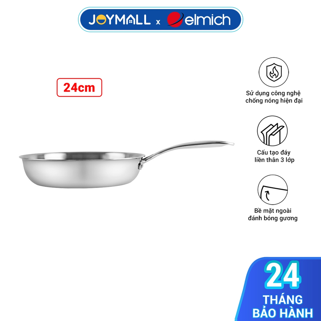 Chảo inox 3 lớp liền khối Elmich Trimax EL-3845OL EL-3846OL 24cm, Hàng chính hãng, Dùng được cho mọi loại bếp - JoyMall