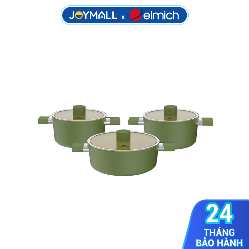 Bộ nồi phủ sứ an toàn Elmich Olive EL-5220OV03 size 18,20,24cm, Hàng chính hãng - JoyMall