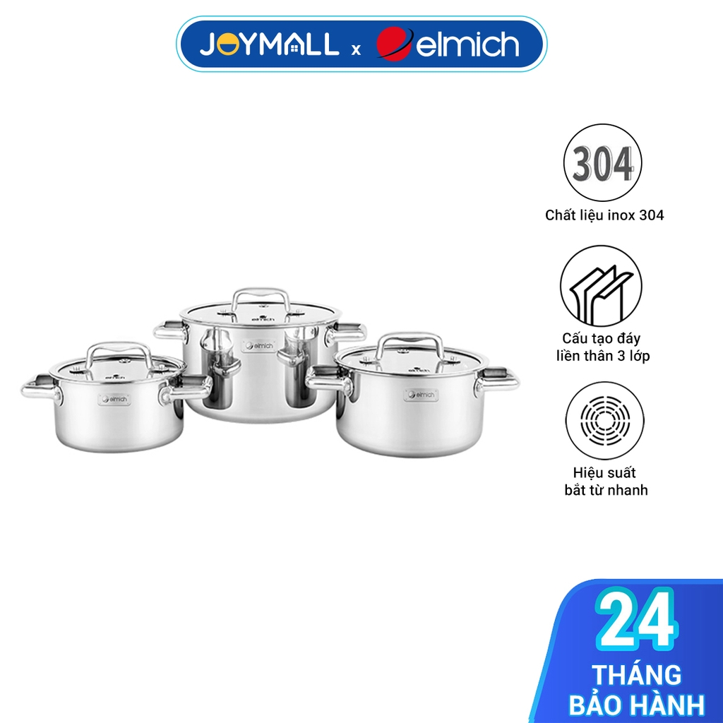 Bộ 3 Nồi Inox Liền Đáy Elmich Trimax ECO EL-8001, EL-8000, Hàng chính hãng, tiết kiệm năng lượng - JoyMall