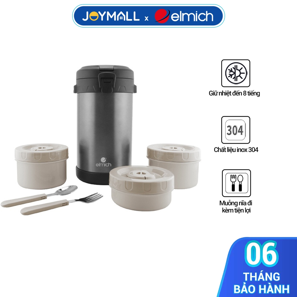 Hộp cơm inox giữ nhiệt văn phòng Elmich EL-8030, Hàng chính hãng, Dung tích 2.2 lít, kèm bộ muỗng dĩa - JoyMall