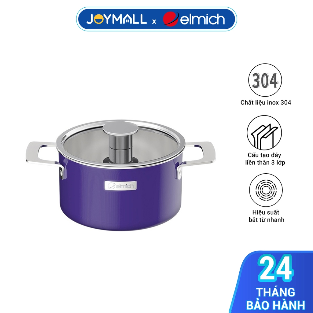 Nồi inox liền khối Elmich Hera 4 size 16, 18, 20, 22cm, Hàng chính hãng, inox 3 lớp dày 2.2mm - Joymall