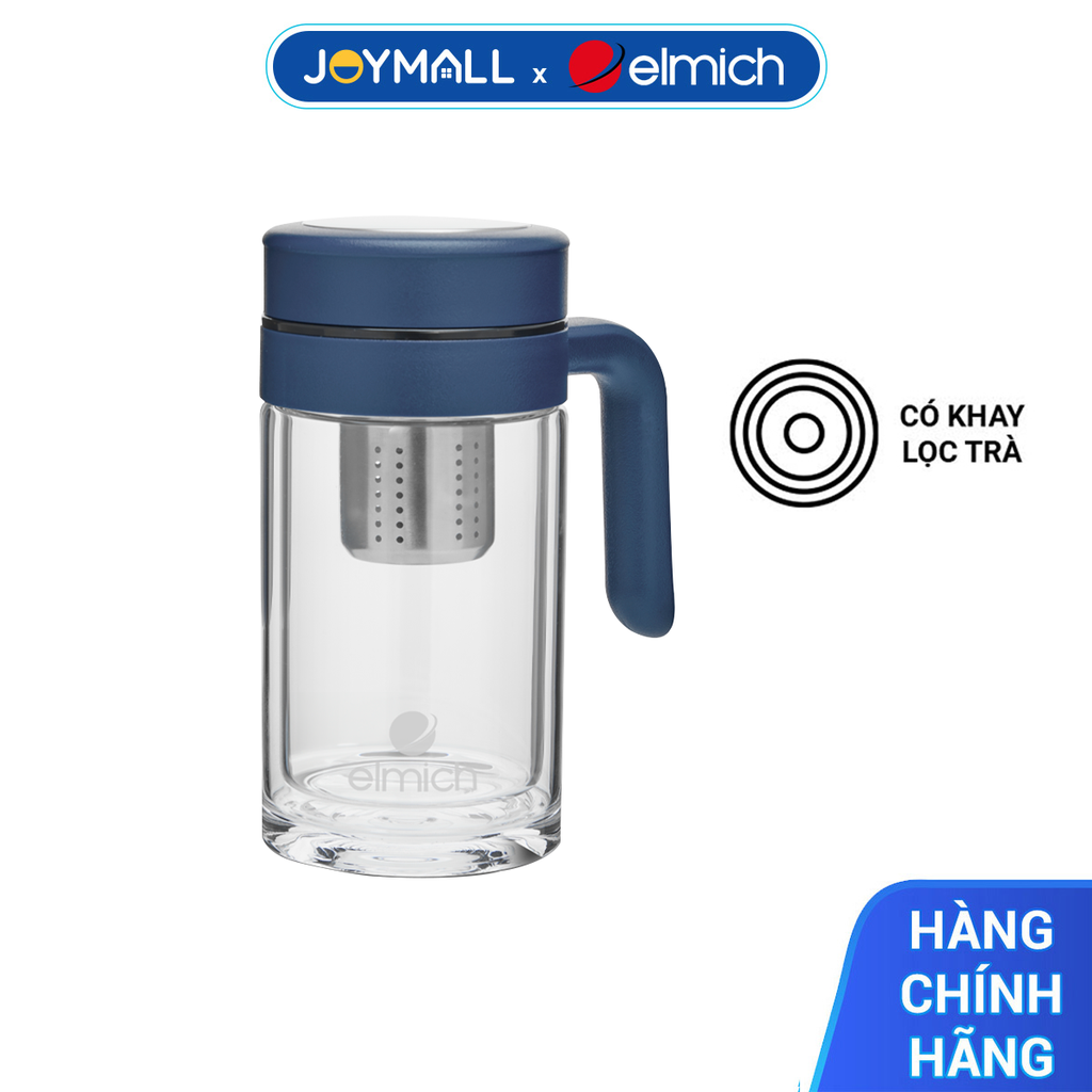 Cốc nước thủy tinh cao cấp 400ml Elmich EL-8351, Hàng chính hãng, có tay cầm, nắp tích hợp lọc trà, chống tràn - JoyMall