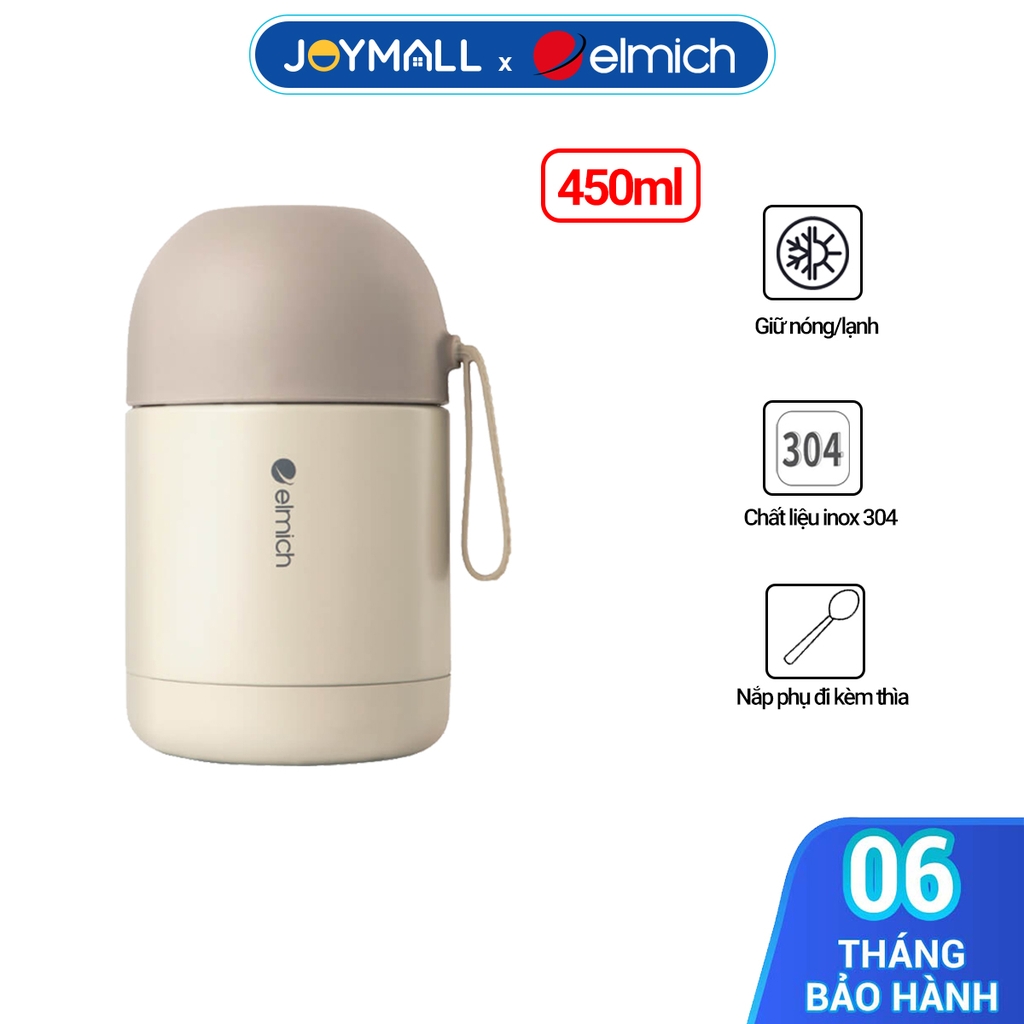 Bình đựng thức ăn giữ nhiệt inox 304 Elmich EL8301 450ml,Hàng chính hãng, nắp phụ đi kèm thìa, dây xách silicone JoyMall