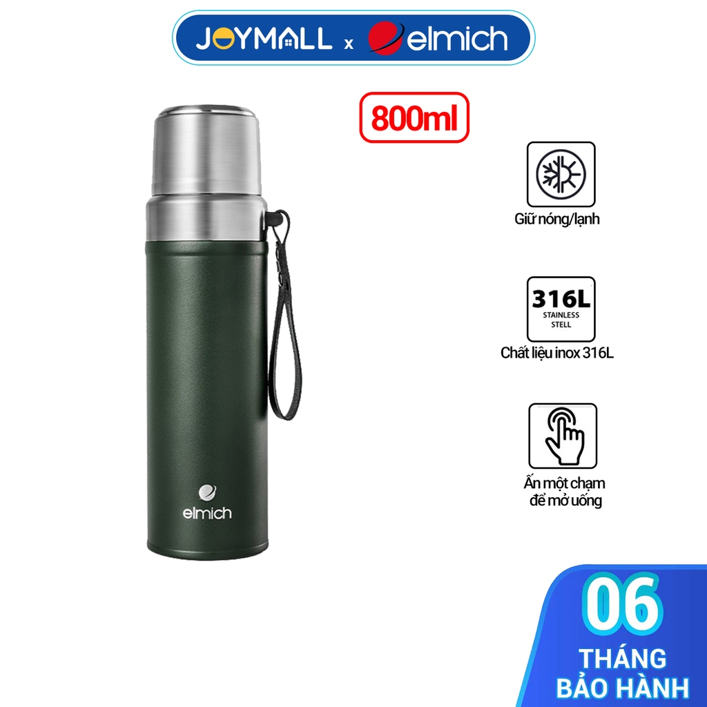 Bình giữ nhiệt inox 316 Elmich EL8311 800ml, Hàng chính hãng, thiết kế 2 nắp, miệng bình rộng, giữ nóng lạnh - JoyMall