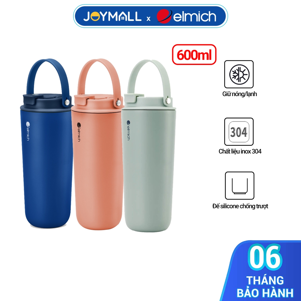 Bình giữ nhiệt inox 304 Elmich EL8312 600ml, Hàng chính hãng, nắp tích hợp quai xách, đế silicone chống trượt - JoyMall
