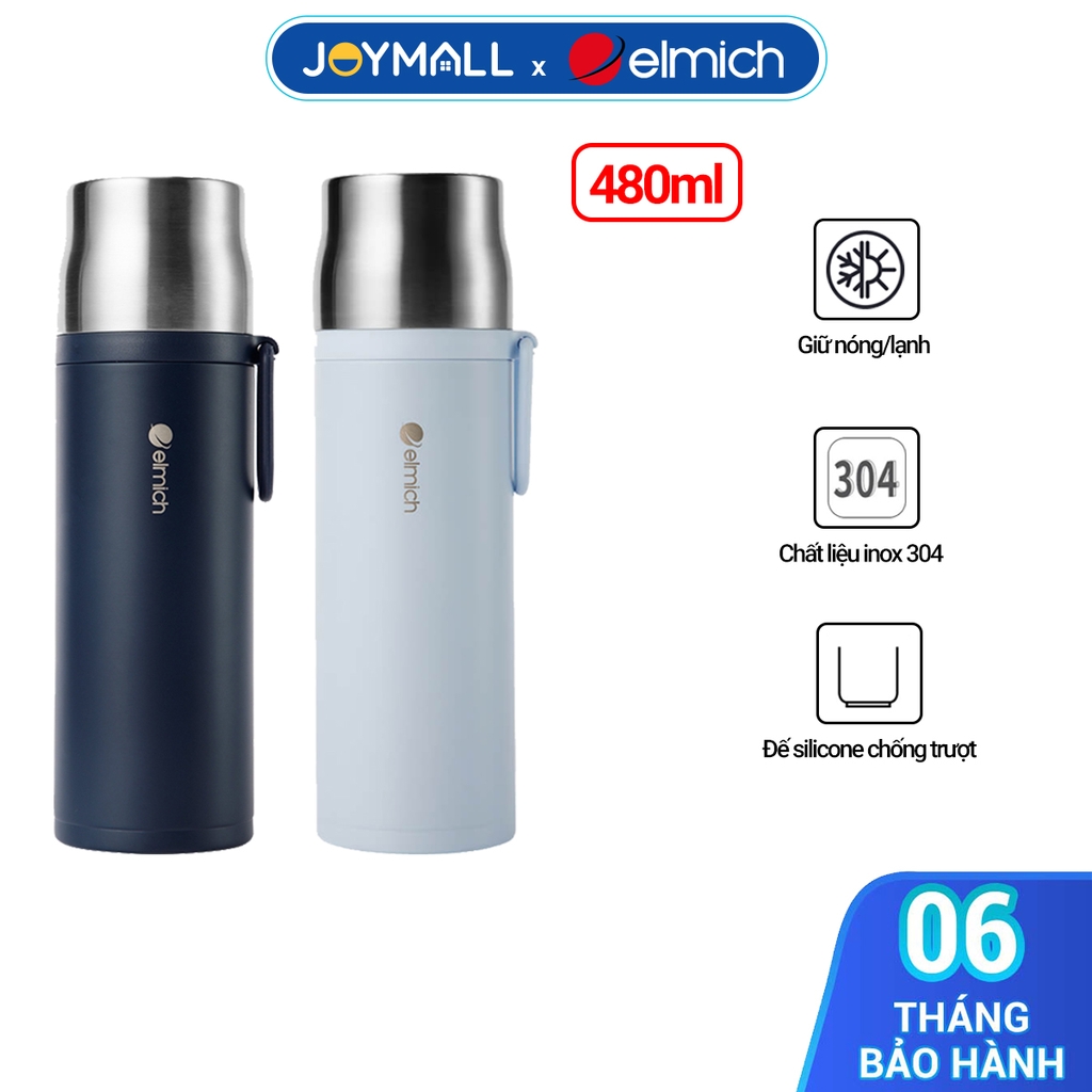 Bình giữ nhiệt inox 304 Elmich EL8328 480ml, Hàng chính hãng, nắp tích hợp làm cốc uống, đế silicone chống trượt-JoyMall