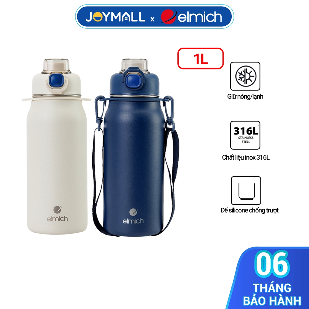 Bình giữ nhiệt inox 316 Elmich EL8331 1L, Hàng chính hãng, kèm ống hút silicone, có dây đeo, chống tràn - JoyMall