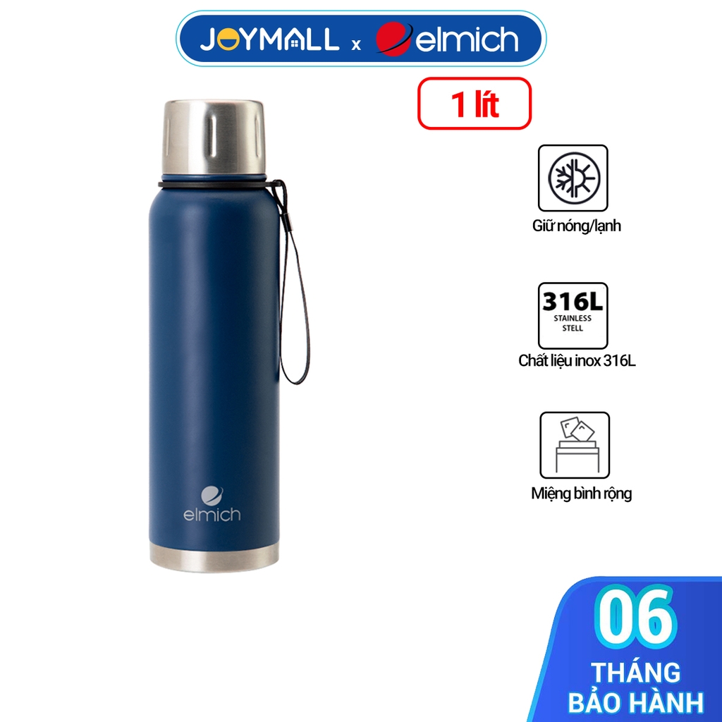 Bình giữ nhiệt inox 316 Elmich EL8335 dung tích 1L, Hàng chính hãng, quai xách bằng vải, miệng bình rộng - JoyMall