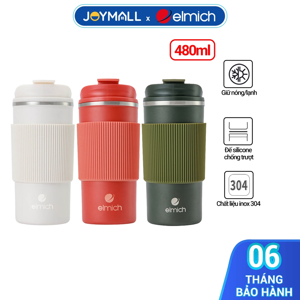 Ly giữ nhiệt inox 304 Elmich EL8345W dung tích 480ml, Hàng chính hãng, lớp silicone chống trượt - JoyMall