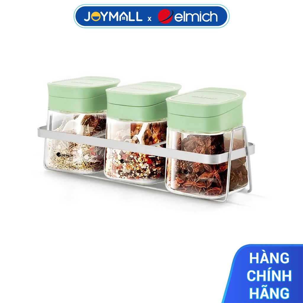 Bộ 3 hộp đựng gia vị thuỷ tinh Elmich EL8427, Hàng chính hãng, giá đỡ inox 304, kèm muỗng - JoyMall