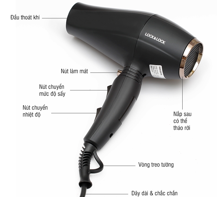 Máy sấy tóc Lock&Lock ENA146BLK - Hàng chính hãng, chế độ nóng lạnh, kèm đầu dẹp tạo kiểu - JoyMall