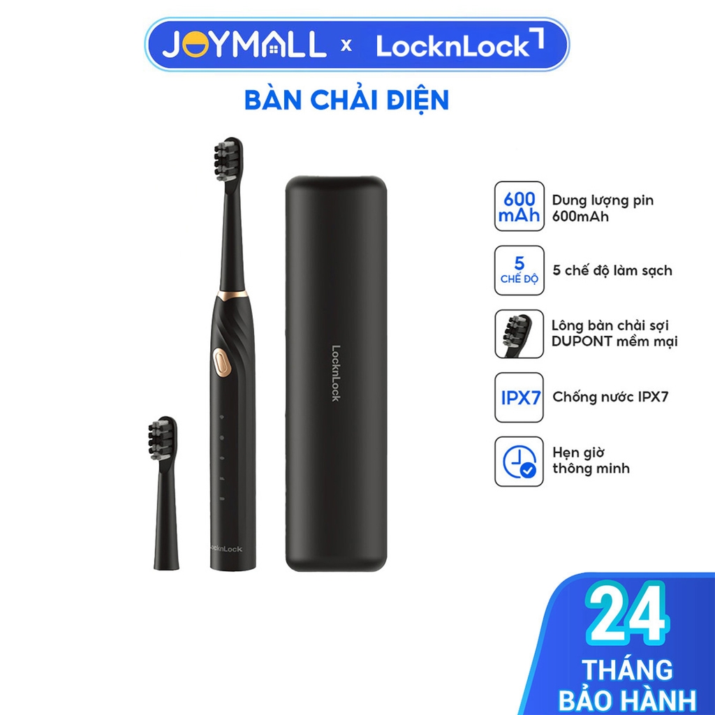 Bàn chải điện LocknLock ENR321BLK, Hàng chính hãng, 5 chế độ làm sạch, dung lượng pin 600mAh, kèm 2 đầu bàn chải-JoyMall