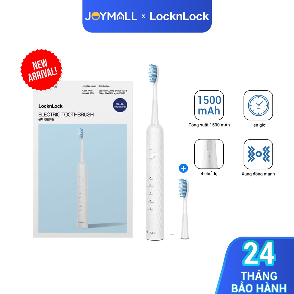 Bàn chải đánh răng điện LocknLock ENR331WHT, Hàng chính hãng, 4 chế độ làm sạch, dung lượng 1500mAh - JoyMall