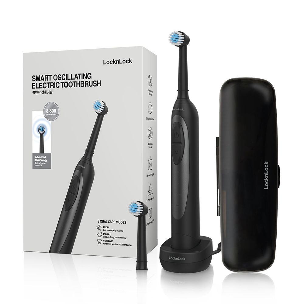 Bàn chải điện LocknLock ENR626BLK dùng pin sạc - Hàng chính hãng có 3 chế độ, chống nước, kèm hộp đựng mang đi - JoyMall