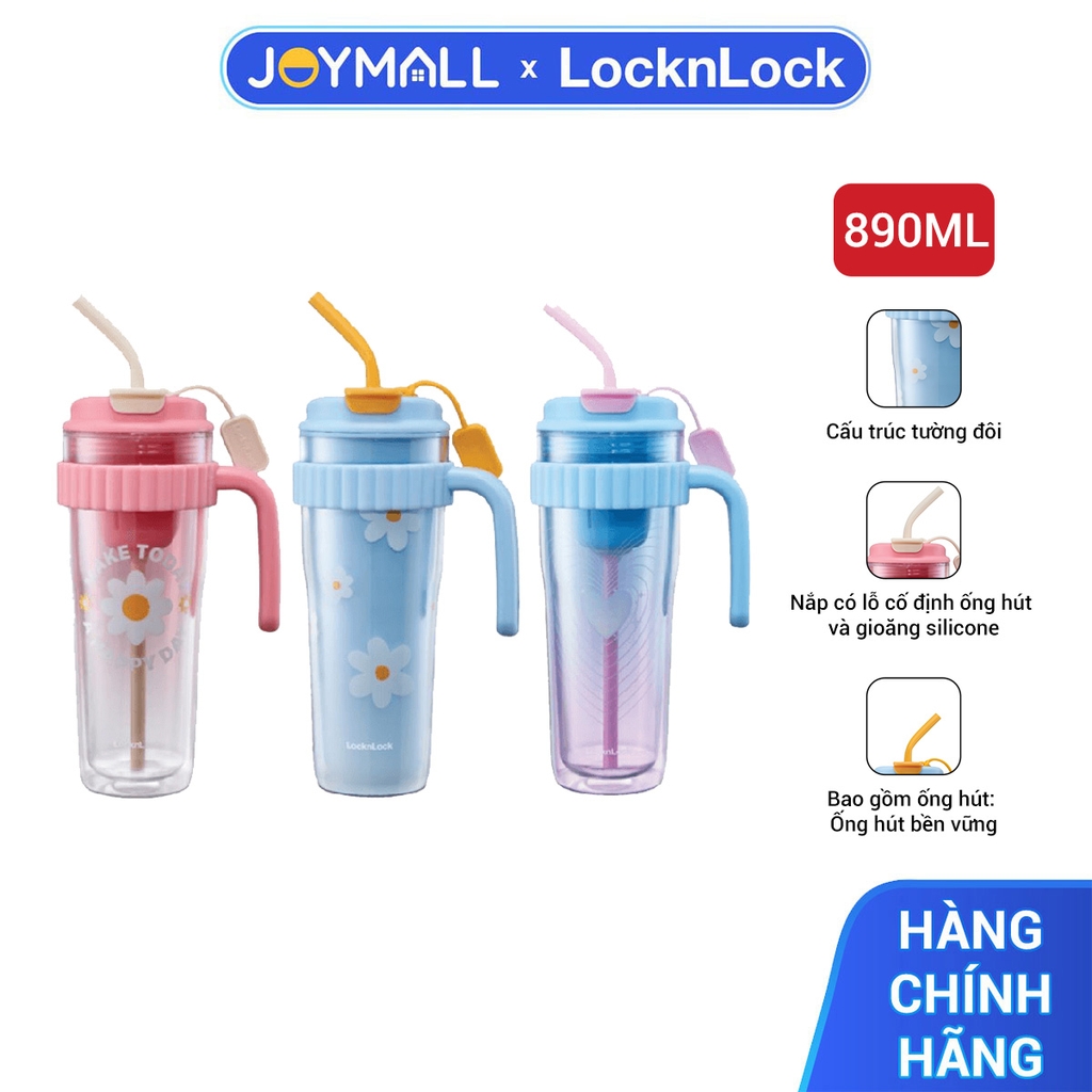 Ly nhựa 2 lớp có tay cầm 890ml LocknLock HAP538, Hàng chính hãng, họa tiết dễ thương, kèm ống hút silicone - JoyMall
