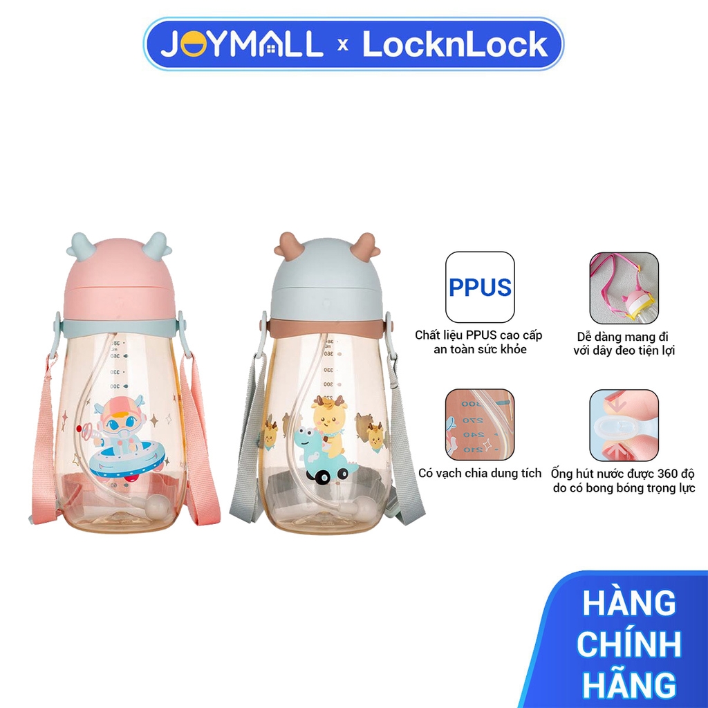 Bình nước nhựa LocknLock 450ml HAP910 Deer Kids, Hàng chính hãng, kèm ống hút silicone, dây đeo, họa tiết xinh-JoyMall