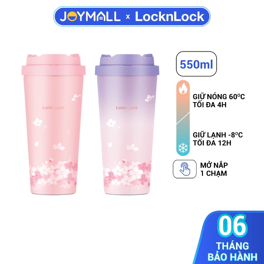 Ly giữ nhiệt LocknLock 550ml LHC3249 Peach Blossom - Hàng chính hãng, mở nắp một chạm, chất liệu thép không gỉ miệng ly rộng - JoyMall