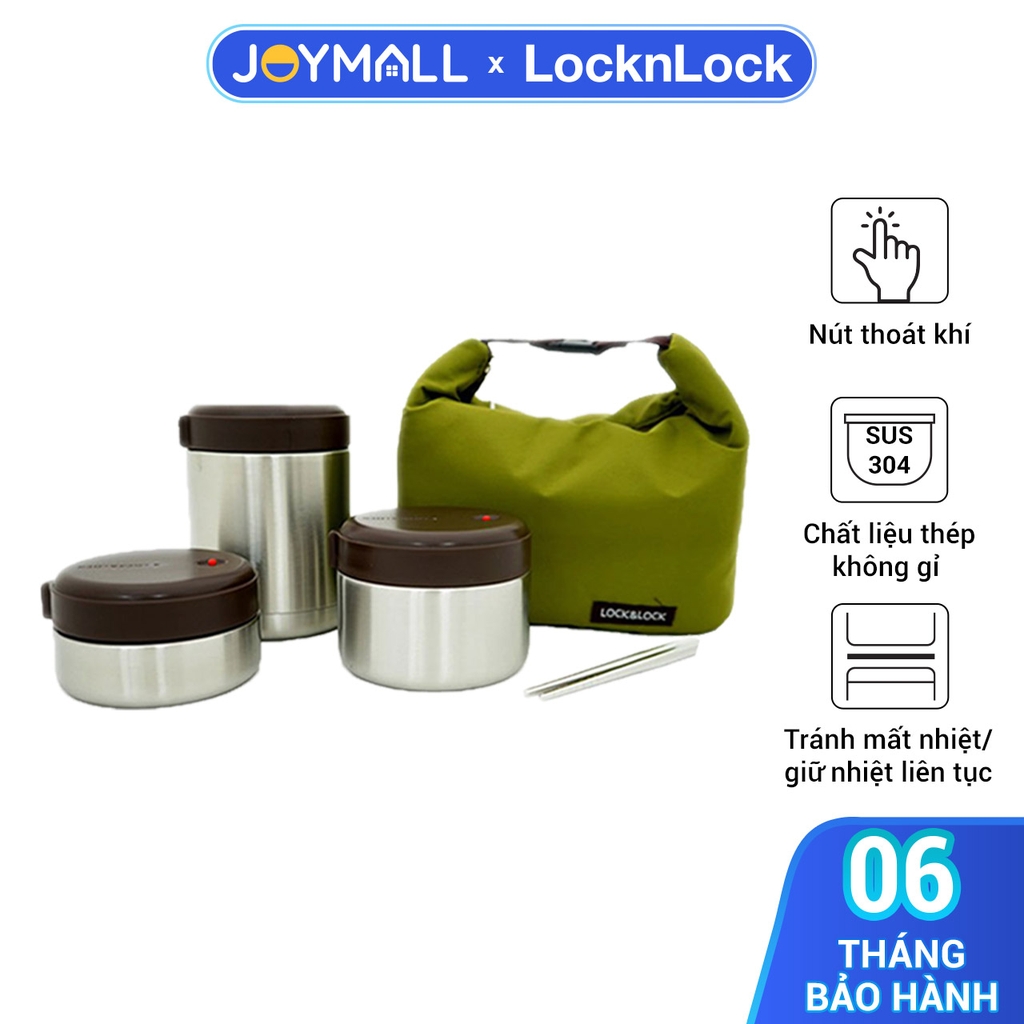 Bộ 3 hộp cơm giữ nhiệt Lock&Lock mushroom LHC8025SLV - Hàng chính hãng, có kèm túi và đôi đũa inox - JoyMall