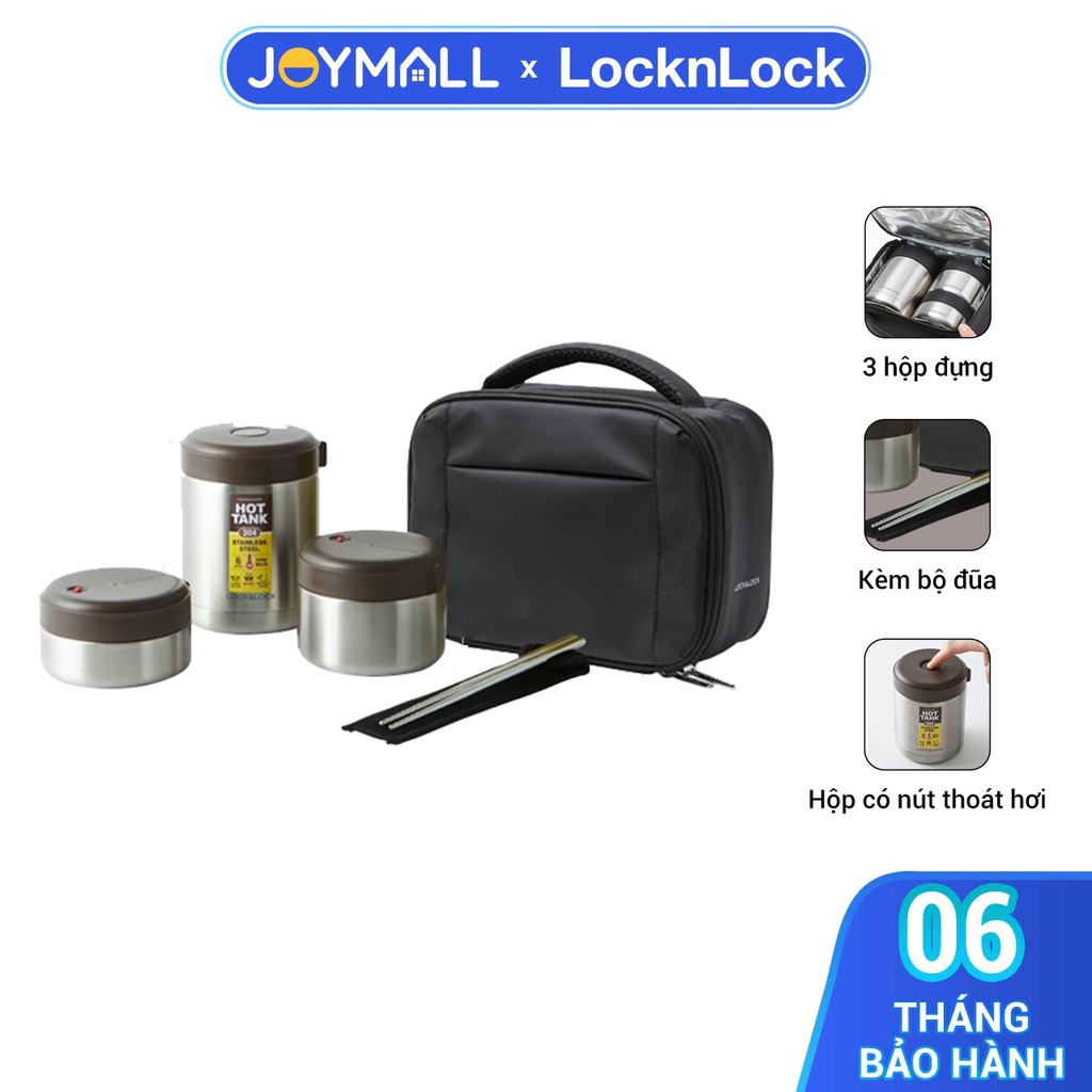 Bộ hộp cơm giữ nhiệt LocknLock 1 Lít 2 LHC8032SLV, Hàng chính hãng, 3 hộp đựng, có túi, đi kèm muỗng đũa - JoyMall
