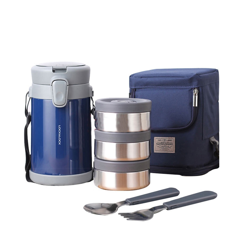 Bộ hộp cơm giữ nhiệt Lock&Lock Easy Carry 2L LHC8039 có túi (1 hộp 720ml, 2 hộp 420ml kèm 1 bộ muỗng nĩa) - JoyMall